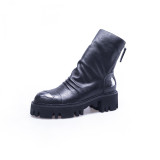 Fashion black leather women's shoes ankle matin boots round toe zipper women's shoes genuine leather pleated short boots