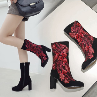 Fashion women's shoes in winter 2019 round toe chunky heels zipper elegant ladies boots concise flower mature office lady