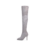 Fashion women's shoes spring atutumn 2019 pointed toe stilettos heels sexy elegant ladies boots grey crystal rhinestone over the knee boots high heels