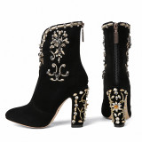 Fashion women's shoes winter 2019 zipper crystal flower chunky heels 9cm pointed toe chunky heels sexy elegant embroidery boots