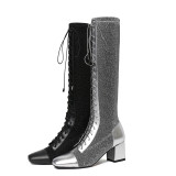 Fashion women's shoes in winter 2019 lace up sexy elegant ladies boots concise mature short boots knee high boots silver