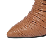 Fashion women's shoes in winter 2019 pointed toe chunky heels short boots zipper concise mature pleated classics brown leather