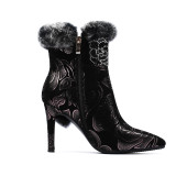 Fashion women's shoes winter 2019 pointed toe stilettos heels zipper embroidery flowers sexy elegant polka dot women's boots 41