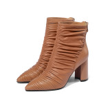Fashion women's shoes in winter 2019 pointed toe chunky heels short boots zipper concise mature pleated classics brown leather