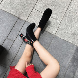 Fashion women's shoes in winter 2019 pointed toe chunky heels women's boots short boots zipper ethnic big size flower black