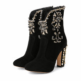 Fashion women's shoes winter 2019 zipper crystal flower chunky heels 9cm pointed toe chunky heels sexy elegant embroidery boots