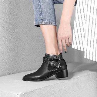 Fashion women's shoes winter 2019 pointed toe buckle matin boots genuine leather short boots black leather big size ankle boots