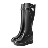 Fashion women's shoes winter 2019 zipper round toe knee high boots stars black genuine leather leather comfortable wedges boots