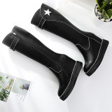 Fashion women's shoes winter 2019 zipper round toe knee high boots stars black genuine leather leather comfortable wedges boots