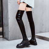 Fashion women's shoes winter 2019 round toe flat paltform boots slip-on over the knee high boots wedges genuine leather shoes