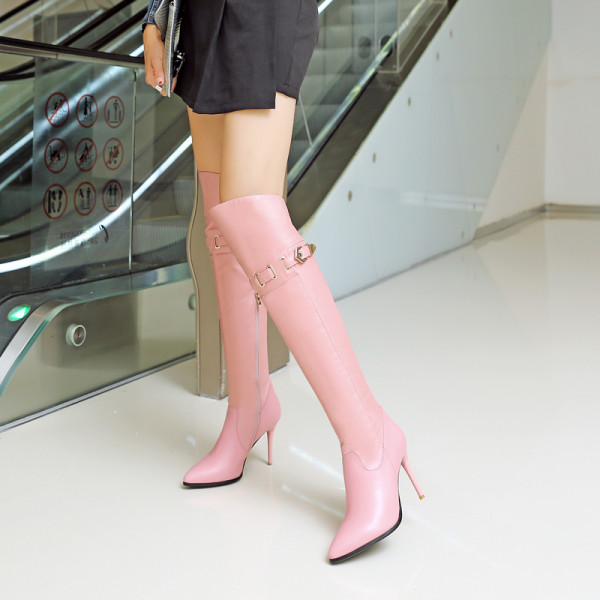 2019 autumn winter concise pointed toe over the knee boots women's shoes zipper boots buckle stilettos heels black leather