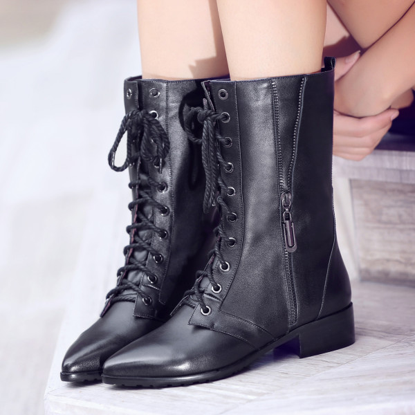 Fashion women's shoes in winter 2019 pointed toe zipper cross lacing half boots women's boots concise mature black leather