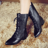 Fashion women's shoes in winter 2019 pointed toe zipper cross lacing half boots women's boots concise mature black leather