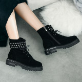 Fashion women's shoes in winter 2019 round toe cross lacing women's boots short boots concise metal decoration mature rivet