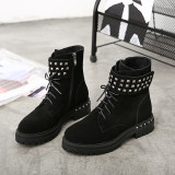 Fashion women's shoes in winter 2019 round toe cross lacing women's boots short boots concise metal decoration mature rivet