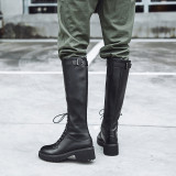 2019 winter autumn flat genuine leather knee high boots buckle cross lacing zwarm velvet lining ipper round toe fashion women's boots ladies 34 43