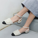 Summer 2019 fashion trend women's shoes sandals narrow band buckle elegant pearl ladylike temperament white sweet concise