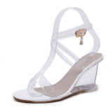 Summer 2019 fashion women's shoes buckle sandals narrow band crstal pvc clear heels sexy elegant wedges sing back sandals 40 41