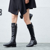 2019 autumn winter knee high boots flat buckle zipper genuine black matte leather fashion western women's boots big size 42