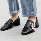 Summer crystal rhinestone 2019 fashion women's shoes pink white genuine leather square toe pumps concise leisure chunky heels