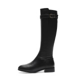 2019 autumn winter knee high boots flat buckle zipper genuine black matte leather fashion western women's boots big size 42