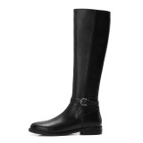 Fashion women's shoes in winter 2019 round toe knee high boots black leather knee high boots concise zipper buckle big size 42