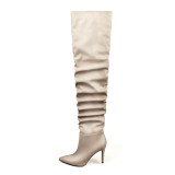 Fashion beige pleated women's shoes winter 2019 stilettos heels sexy elegant ladies boots concise mature over the knee boots