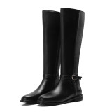 Fashion women's shoes in winter 2019 round toe knee high boots black leather knee high boots concise zipper buckle big size 42