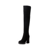 Fashion elegant pure color concise over the knee high boots in winter 2019 zipper chunky heels round toe classics black matte suede shoes women size 33 40