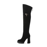Fashion metal decoration platform over the knee high boots in winter 2019 zipper chunky heels round toe classics black matte genuine suede boots women's shoes