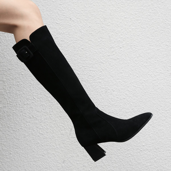 Fashion women's shoes in winter 2019 pointed toe chunky heels zipper buckle knee high boots black big size 41 small size 33