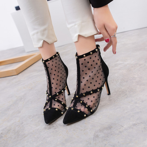 Summer 2019 fashion trend women's shoes zipper pointed toe stilettos heels cool boots short boots wire side rivet office lady