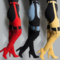 Fashion women's shoes in winter 2019 pointed toe chunky heels buckle sexy red ladies boots yellow concise mature narrow band