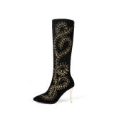 Fashion women's shoes 2019 pointed toe stilettos heels knee high boots embroidery sexy small size shoes 31 32 33