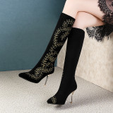 Fashion women's shoes 2019 pointed toe stilettos heels knee high boots embroidery sexy small size shoes 31 32 33