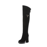 Fashion metal decoration platform over the knee high boots in winter 2019 zipper chunky heels round toe classics black matte genuine suede boots women's shoes