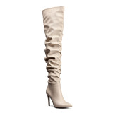 Fashion beige pleated women's shoes winter 2019 stilettos heels sexy elegant ladies boots concise mature over the knee boots