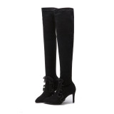 Fashion ruffles black women's shoes over the knee high boots in winter 2019 slip-on pointed toe stilettos heels women's boots