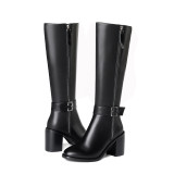 Fashion women's shoes in winter 2019 pointed toe chunky heels zipper sexy elegant ladies boots knee high boots black leather