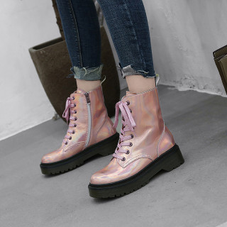 Fashion silver women's shoes winter 2019 comfortable cross tied round toe women's boots matin boots pink silver ankle boots 40