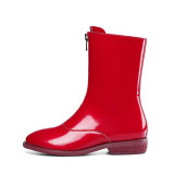 Fashion sexy elegant ladies boots concise women's shoes winter 2019 zipper round toe shiny red black Front zipper short boots 40