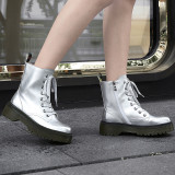 Fashion silver women's shoes winter 2019 comfortable cross tied round toe women's boots matin boots pink silver ankle boots 40