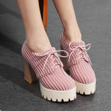 Spring and autumn cross lacing beige grey pink 2019 fashion women's shoes round toe chunky heels office lady leisure concise