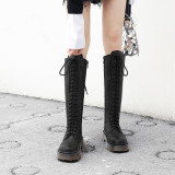 Fashion black leather women's shoes in winter 2019 cross lacing zipper round toe women's boots knee high boots matin boots