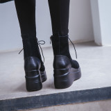 Fashion comfortable classics women's shoes winter 2019 round toe cross tied lacing up platform leisure wedges matin boots 8cm