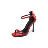 Summer 2019 fashion red women's buckle stilettos heels genuine leather sandals sexy elegant crystal rhinestone party shoes 40 41