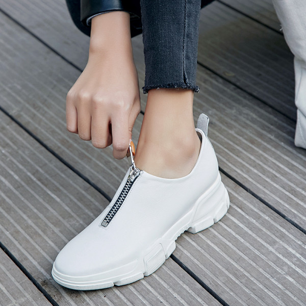 Fashion leisure women's shoes 2019 zipper pointed toe genuine leather zipper sneaks shallow comfortable white black casual shoes