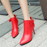 Fashion women's shoes genuine leather short boots pointed toe elegant ladies boots stilettos heels red butterfly knot ankle boots