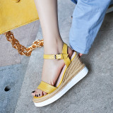Summer pure color 2019 fashion trend women's shoes elegant buckle sandals yellow white leather concise sweet narrow band