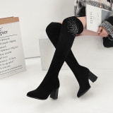 Fashion women's shoes in winter 2019 over the knee high boots  chunky heels  sexy elegant ladies boots concise crystal rhinestone mature office lady
